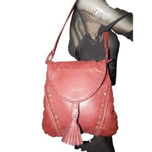 Y2K Burgundy Studded Fringe Leather Handbag Made In India